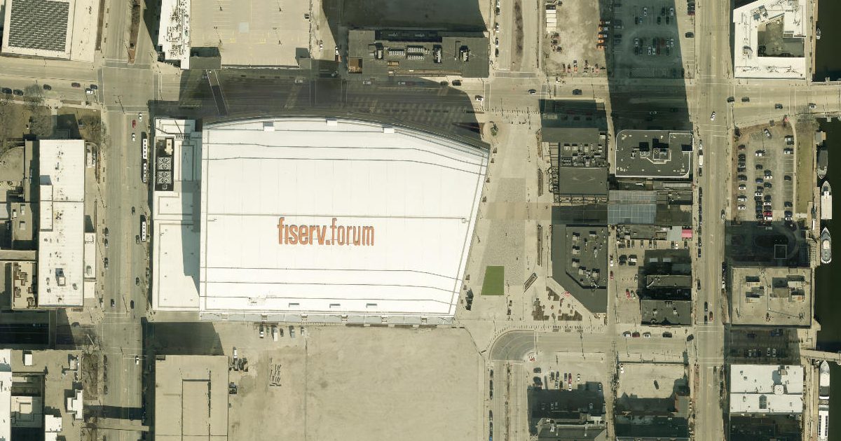 Aerial view of Bucks Arena and its surroundings