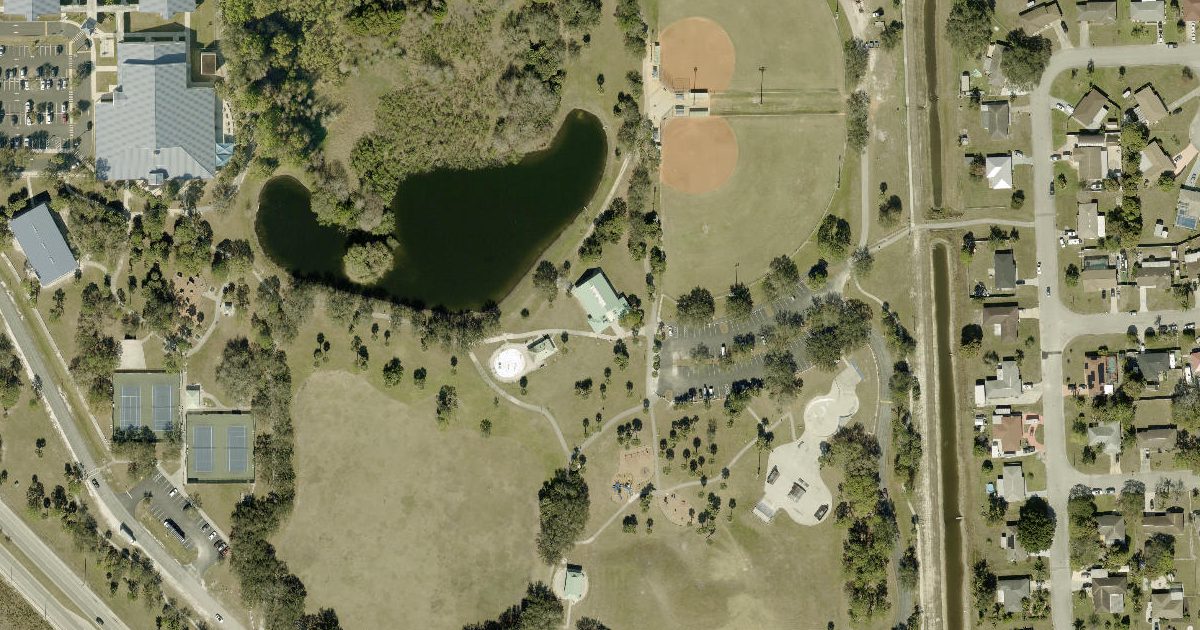 Aerial view of Veterans Park and its surroundings