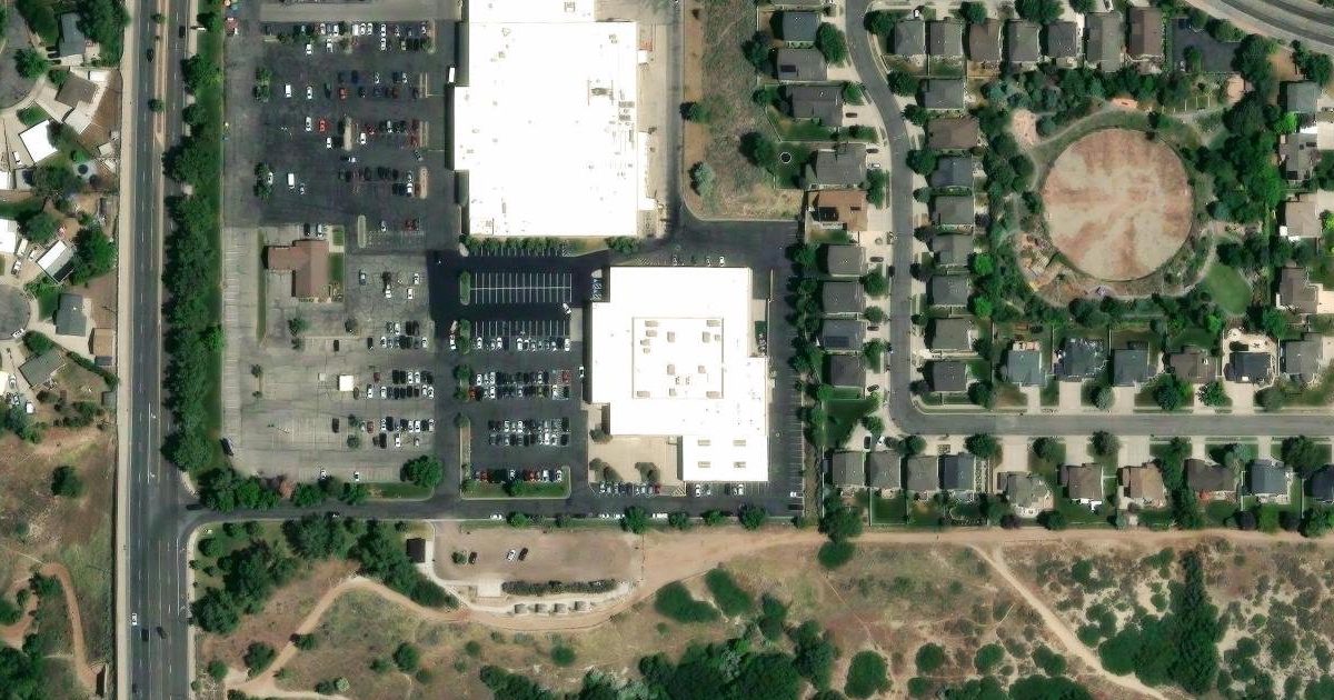 Aerial view of SafeSplash Swim School and its surroundings